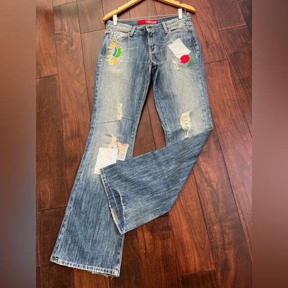 Guess Jeans Flared Bootcut Low Rise Embroidered Destroyed Flared Jeans Size 28 - Picture 8 of 10